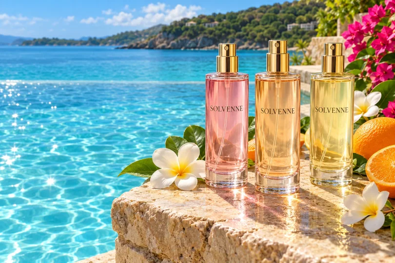 SOLVENNE fragrance bottles beside bright turquoise water