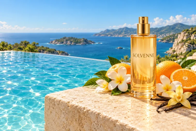 SOLVENNE fragrance bottles beside bright turquoise water