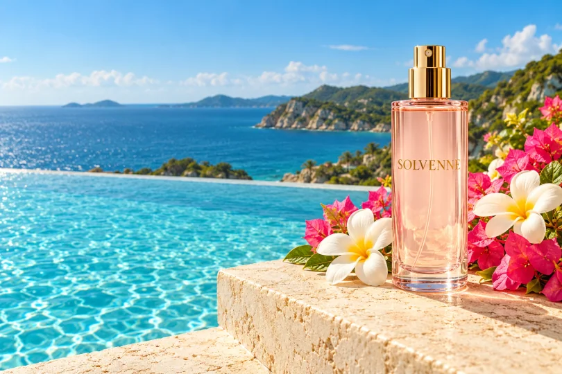 SOLVENNE fragrance bottles beside bright turquoise water
