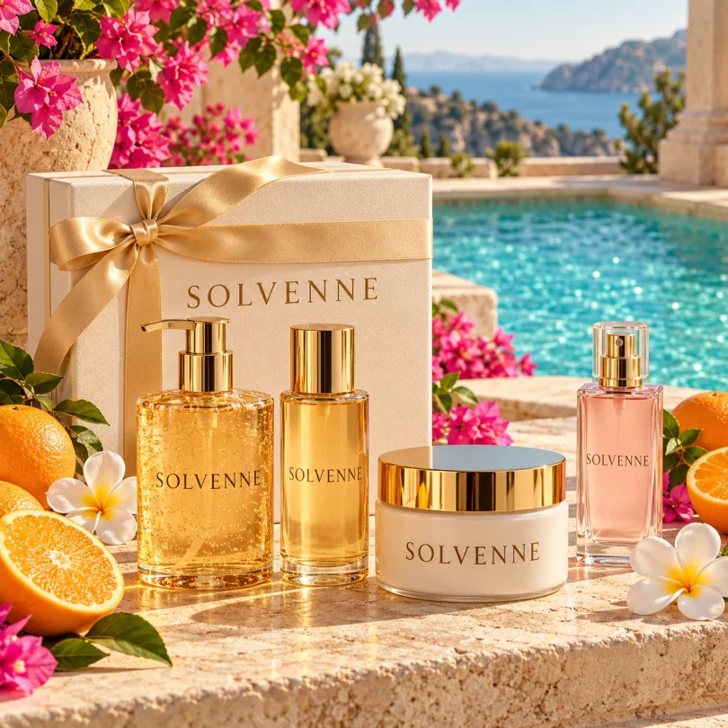 SOLVENNE gift box with a gold ribbon and body care collection