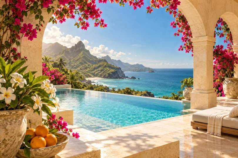 A sunlit limestone arch overlooking a turquoise infinity pool